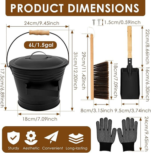 1.5 Gallon Ash Bucket with Lid and Shovel Broom Metal, Fireplace Ash Bucket - Image 2
