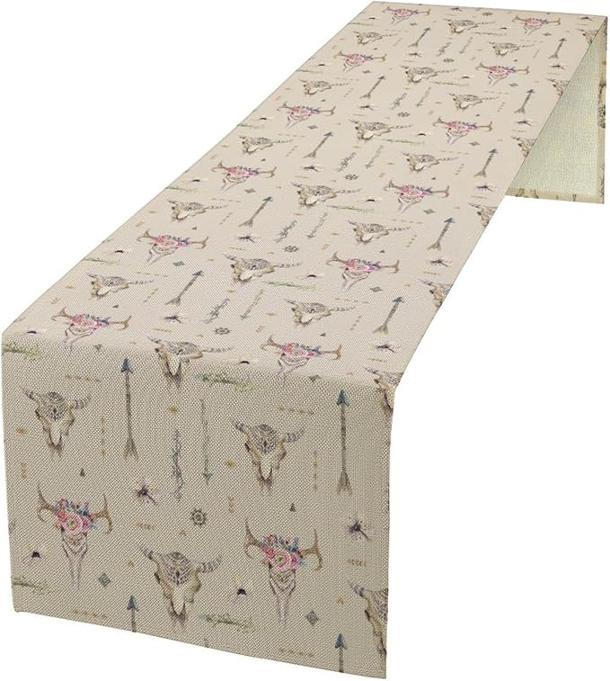 Western Boho Table Runner, Aztec Native Tribal Bull Skull Southwestern Bohemian by Unknown