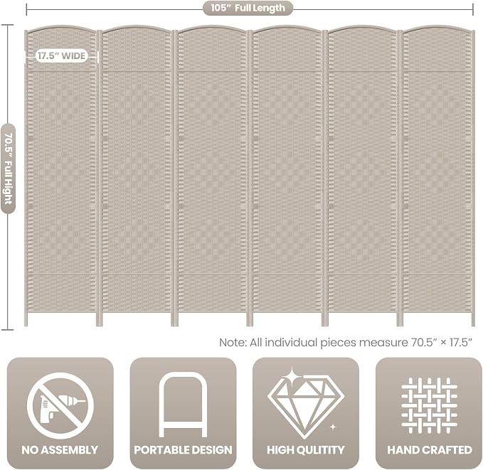 6 Panel Room Divider, 6Ft Folding Privacy Screen, Tall - Image 3