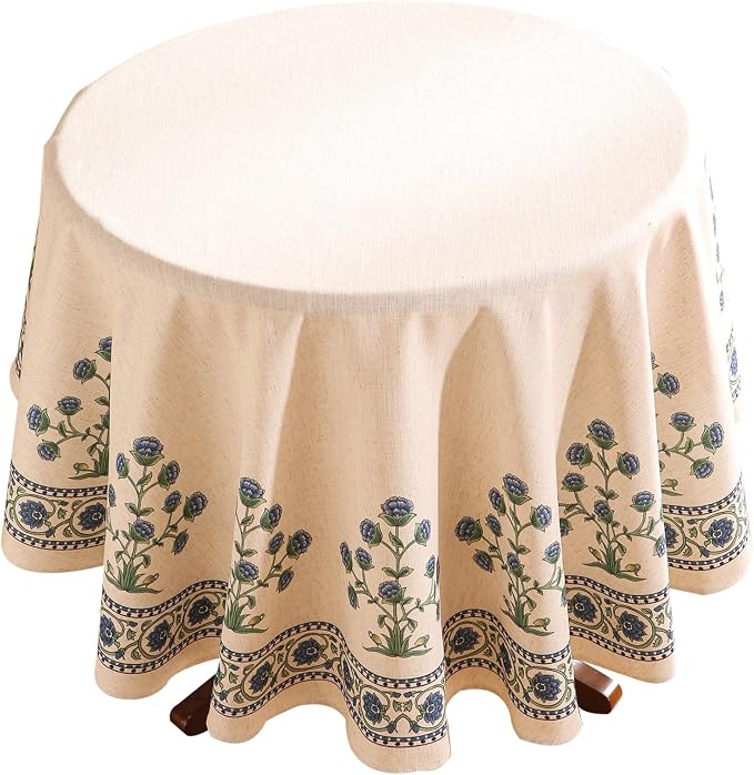 patdrea Designer Linen Blue Round Tablecloth, Vintage Leaves Pattern Floral by Welcometopatdrea