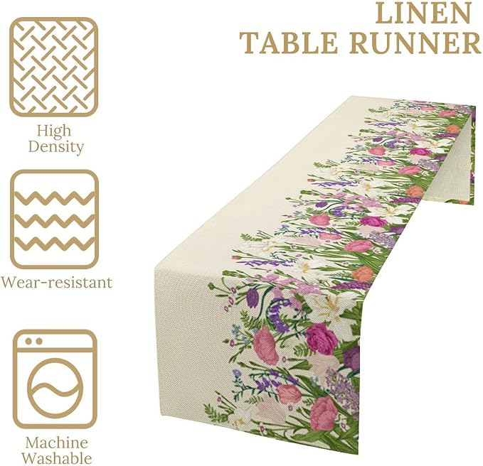 Floral Table Runner, Watercolor Spring Summer Seasons Pink Purple Flowers Table - Image 5