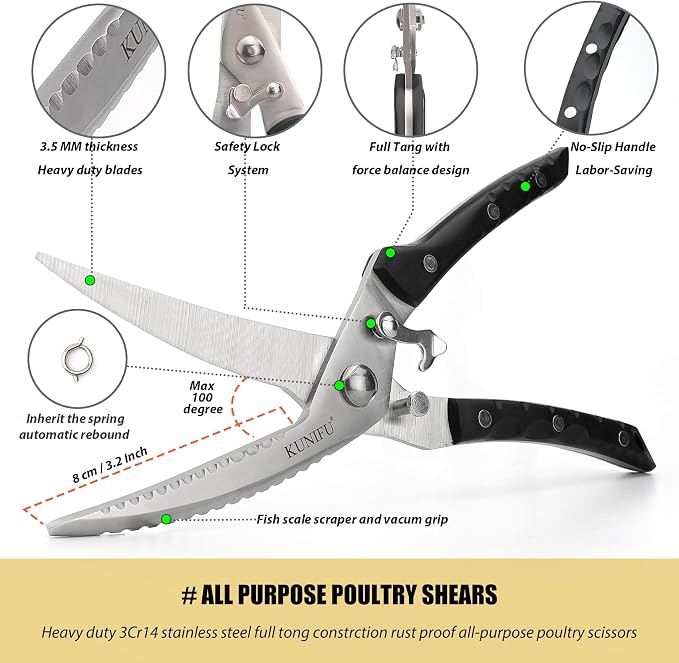 KUNIFU Poultry Shears, All Purpose Heavy Duty Kitchen Scissors - Image 3