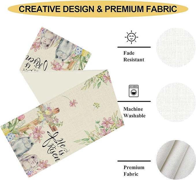 Easter Bunny Rabbits Table Runner, Boho Floral Cross Rabbits Easter Eggs Spring - Image 5