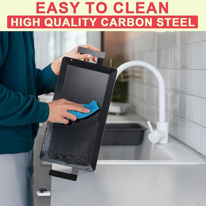 Griddle, Black Carbon Steel, 24 x 10.5 Inch with Heat-Resistant Gloves