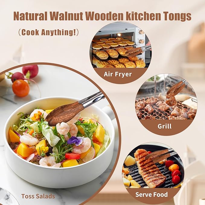 Walnut Wood Cooking Tongs Set of 3 with Pull-Ring Lock, 7, 9 and 12 Inch