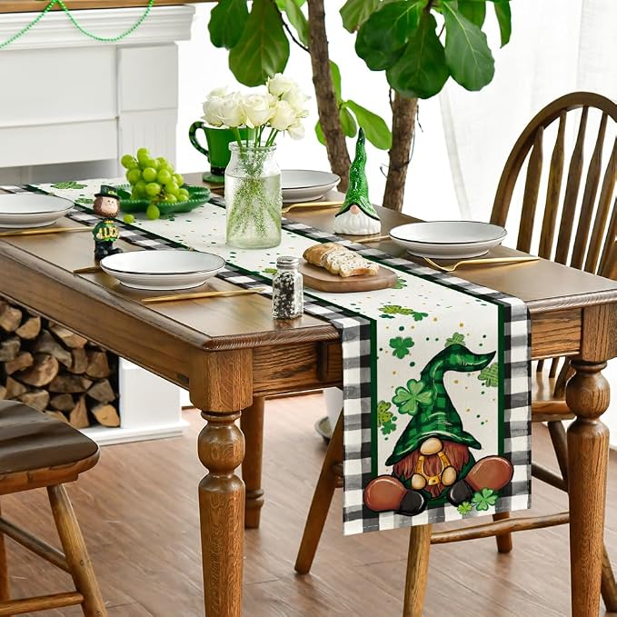 Artoid Mode Buffalo Plaid Shamrock Gnome St. Patrick's Day Table Runner - Image 3
