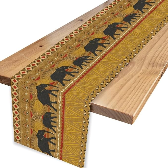 African Tribe Table Runner, Rustic Elephants Tribal Boho Diwali India - Image 4