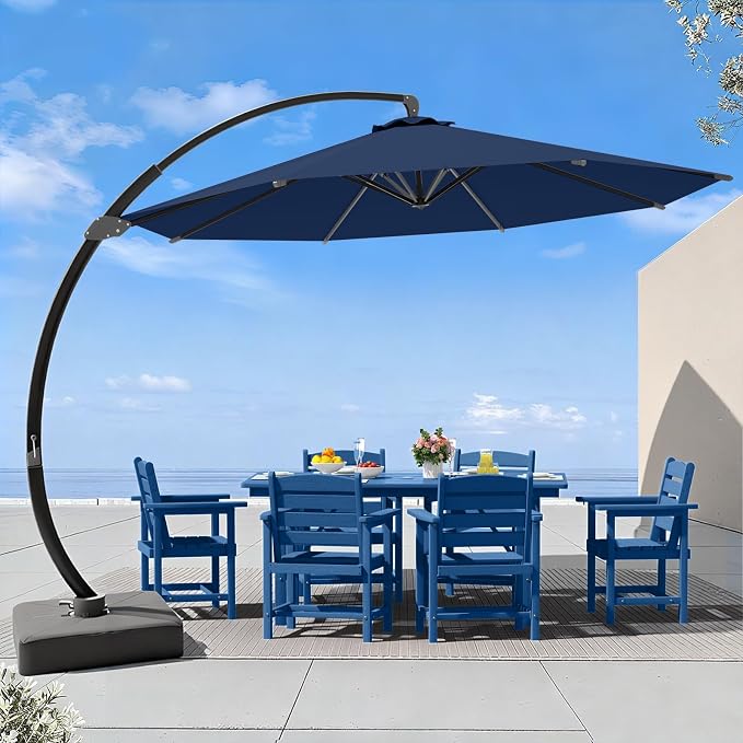 7 Piece Patio Dining Set with 11ft Patio Umbrella, 7 Navy Outdoor HDPE Dining by Unknown