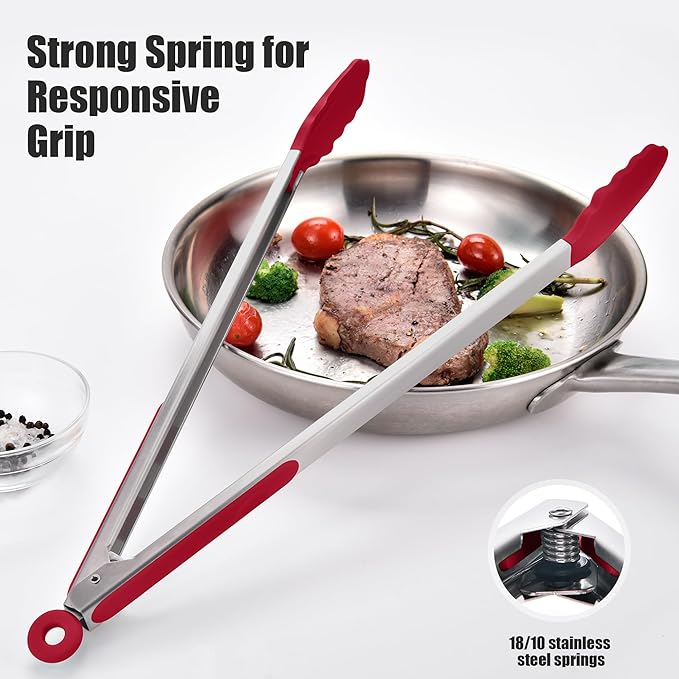 Stainless Steel Cooking Tongs, 17.2-Inch Red, 600°F Heat-Resistant Tips
