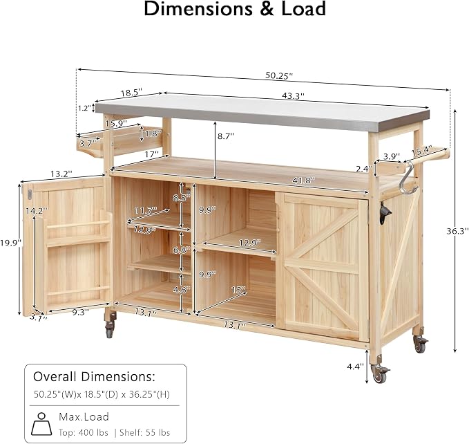 Grill Table, Rolling Bar Cart, Storage Cabinet, Artificial Board, - Image 3