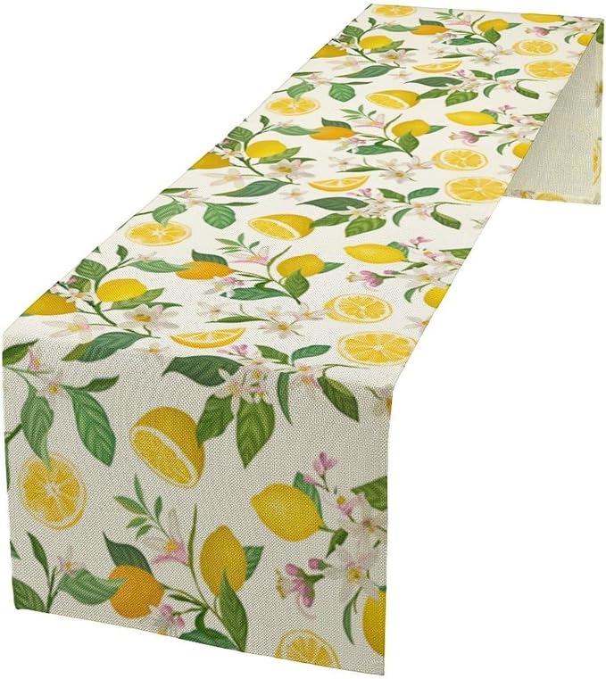 Yellow Lemon Table Runner, Spring Floral Summer Fruits Print Table Decoration by Unknown