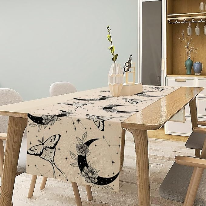 Boho Moth Table Runner, Retro Flower Moon Starlit Stars Butterfly Print Table - Image 3