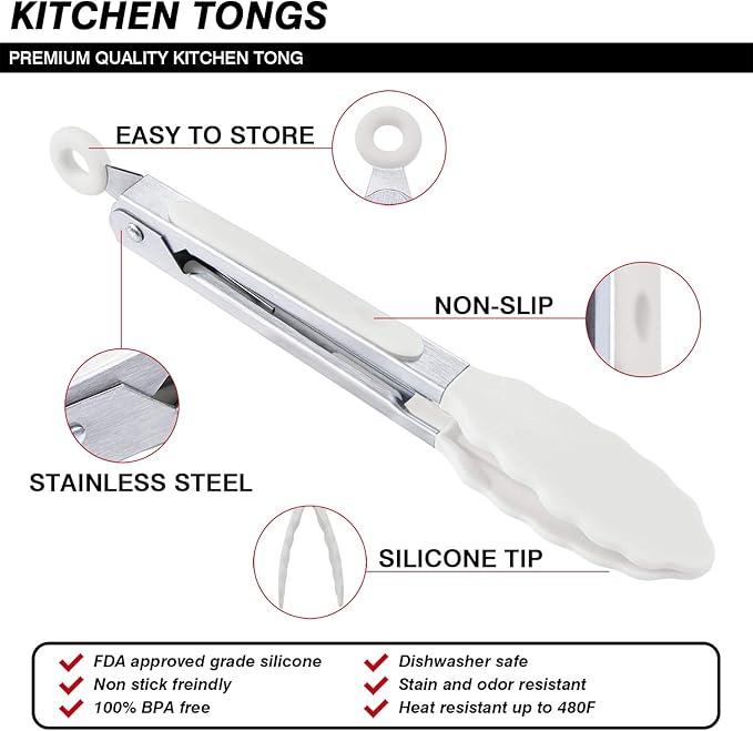 Tongs Set of 3 Stainless Steel Silicone Heads, 7 Inch, Snow White