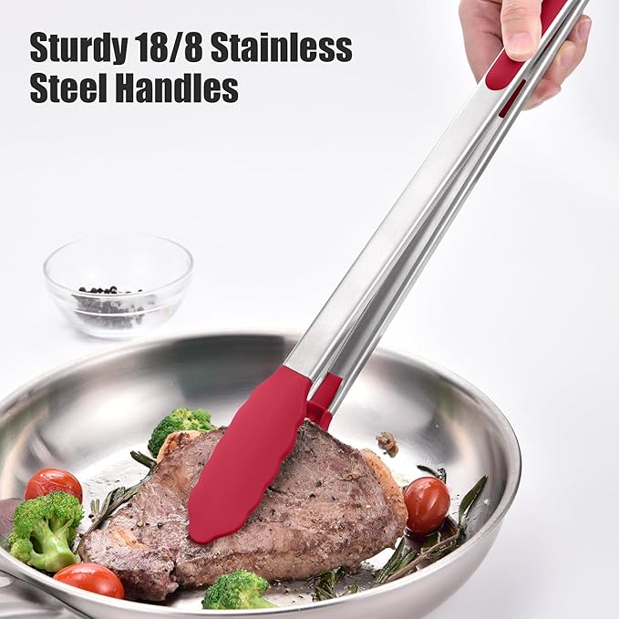 Stainless Steel Cooking Tongs, 17.2-Inch Red, 600°F Heat-Resistant Tips