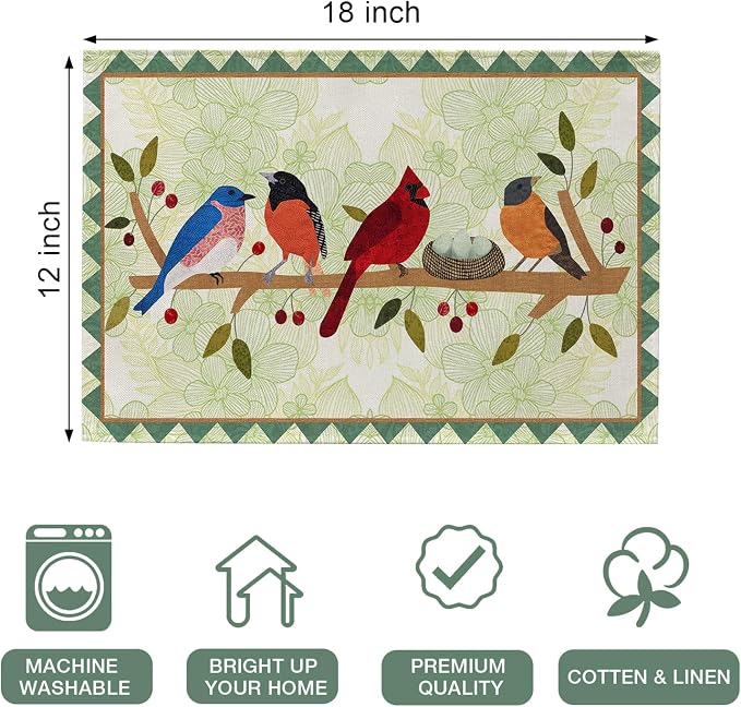Seliem Spring Birds Tree Branches Placemats Set of 4, Cardinal Bluebird - Image 2