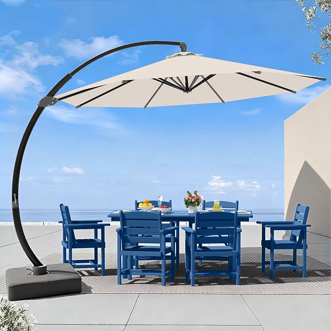 7 Piece Patio Dining Set with 11ft Patio Umbrella, 7 Navy Outdoor HDPE Dining by Unknown