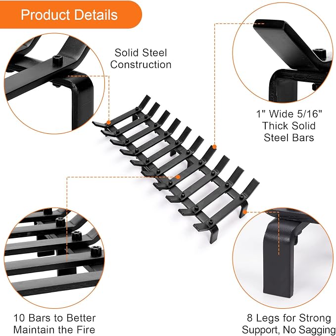 24" Fireplace Grate Wood Stove Grate Rack Fireplace Tools Rack Heavy Duty Solid - Image 6