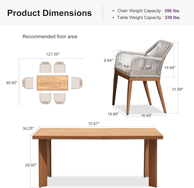 PURPLE LEAF 7 Pieces Patio Dining Set Aluminum Rectangular Table and Rattan Arm - Image 9