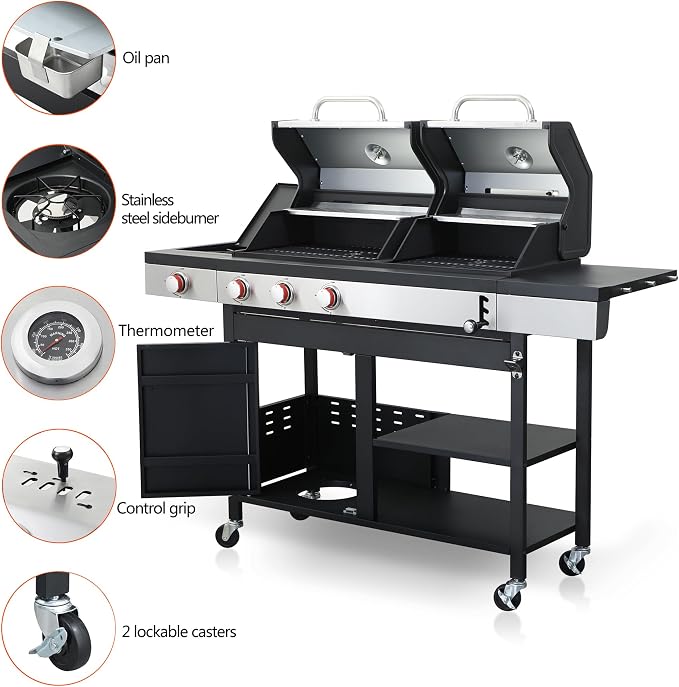 Gas and Charcoal Combo Grill, 37230 BTU 2-in-1 Outdoor BBQ, Dual Zone Cooking - Image 2