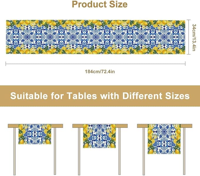 Blue Lemon Table Runner, Italy Tile Yellow Lemon Fruit Table Runners - Image 7