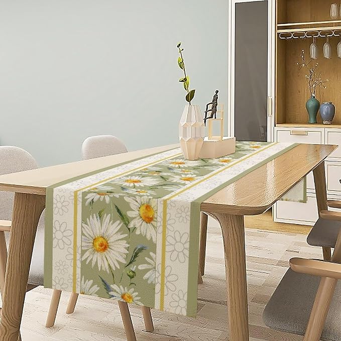 Daisy Flower Table Runner, Summer Watercolor Plants Floral Spring Garden Table - Image 2