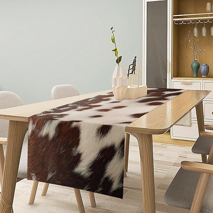 Cow Print Table Runner, Western White Brown Cowhide Rustic Coffee Table Runner - Image 3
