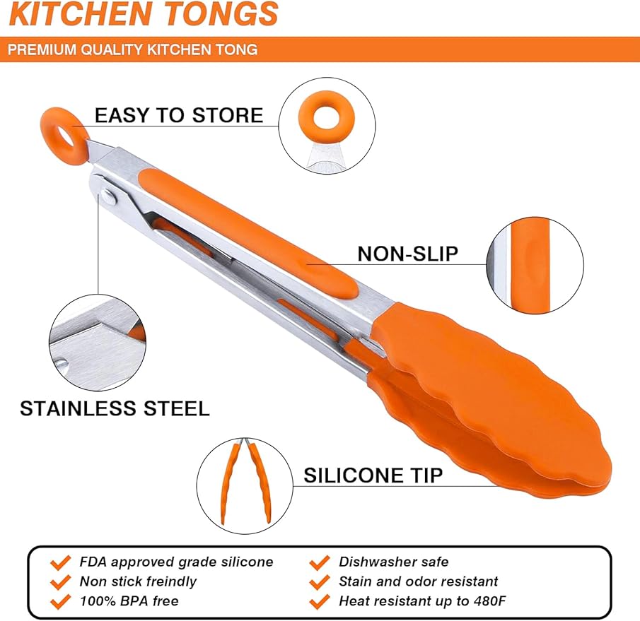 BBQ Tongs with Silicone Tips, 7 Inch Stainless Steel, Set of 3