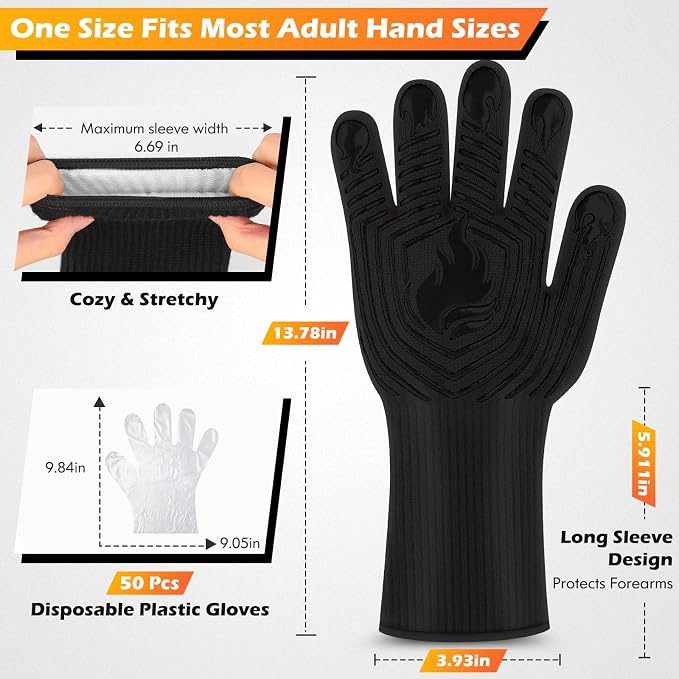 BBQ Gloves, 1472°F Heat Resistant Gloves Fireproof Mitts, Grilling Gloves - Image 2