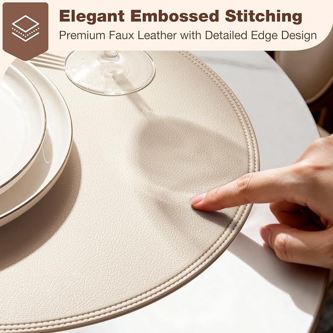 Round Vinyl Beige Placemats Set of 6, Faux Leather Waterproof Wipeable Heat - Image 2
