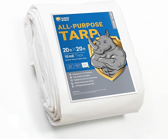 GUARD SHIELD Heavy Duty Tarp 20x20 Feet White Multi Purpose Thick Waterproof by GUARDSHIELD