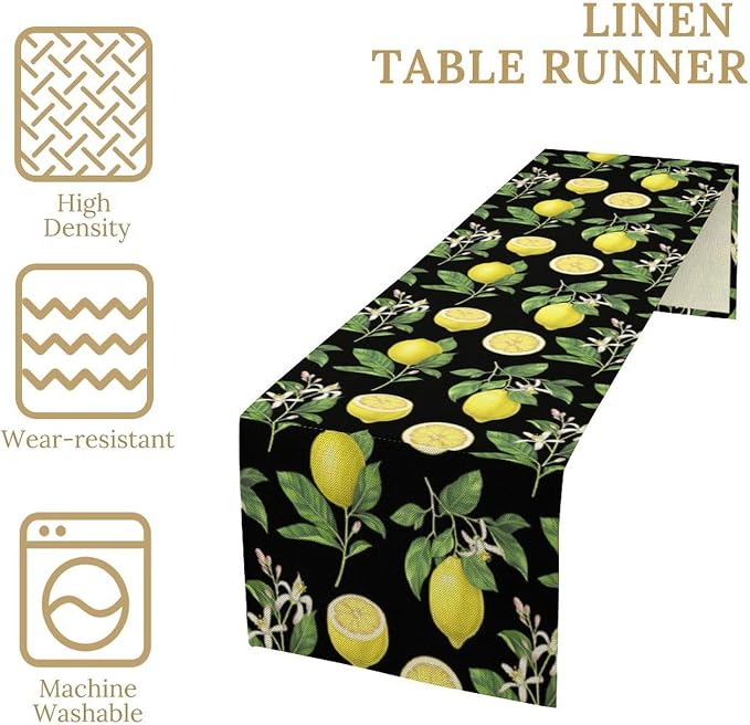 Watercolor Lemon Table Runner, Spring Summer Seasonal Green Leaves Flowers - Image 7