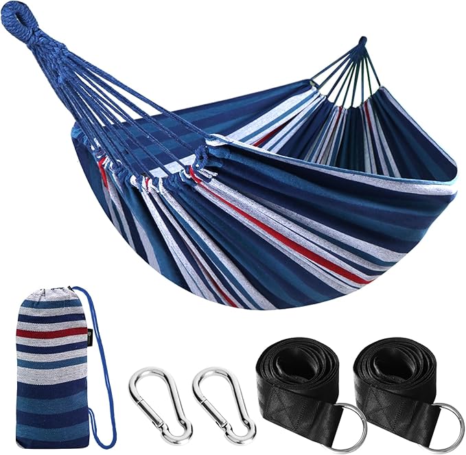 Hammock, Cotton, Blue Red White Stripe, Anti-Rollover Design