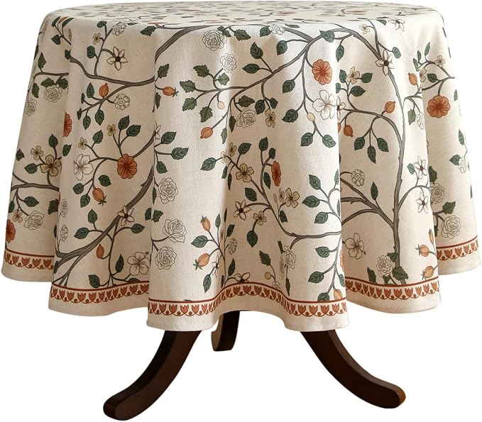 ISAENNE Designer Floral Small Round Tablecloth, French Linen Light Beige Indoor by Isaennehomedecoration