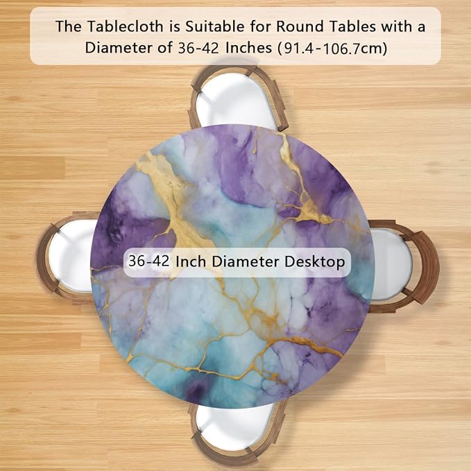 Marble Purple Gold Blue Round Table Cloth Cover, Elastic Edge Waterproof - Image 2