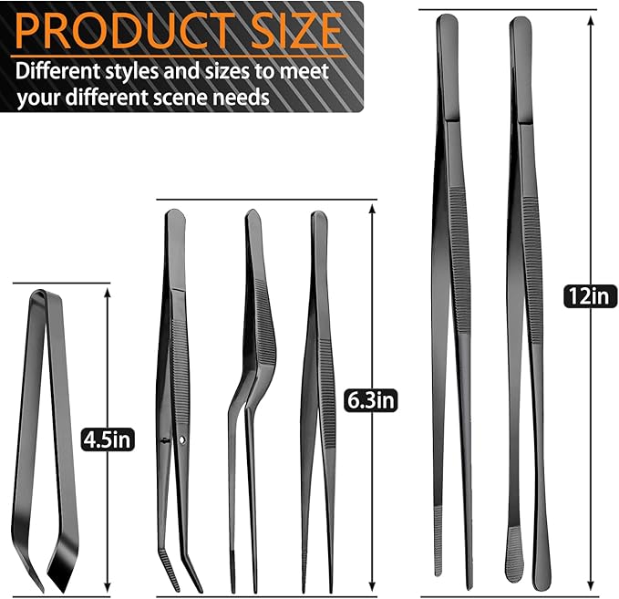 Tweezer Tongs 6-Piece Set, Stainless Steel, 12-Inch and 6.3-Inch, Black