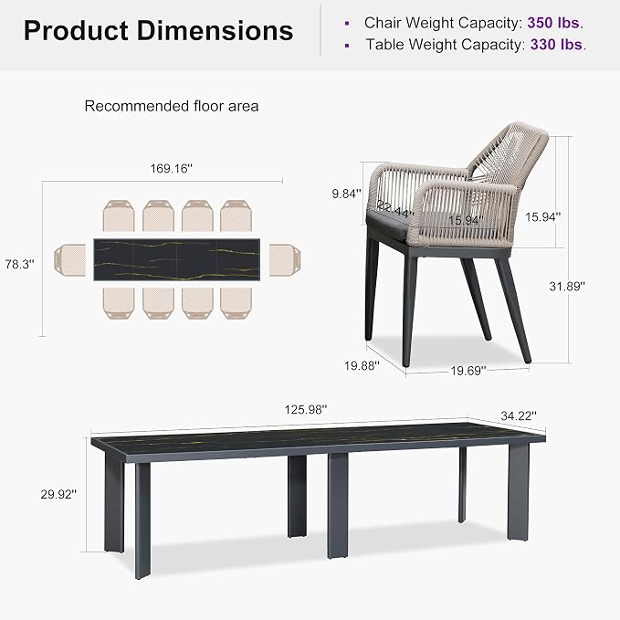 PURPLE LEAF 11 Pieces Patio Dining Set Aluminum Modern Rectangular Table and - Image 9