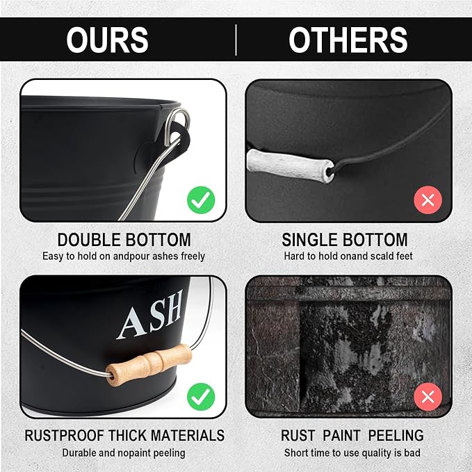 Ash Bucket with Lid Shovel and Hand Broom, 1.5 Gallon Fireplace Metal Bucket - Image 4
