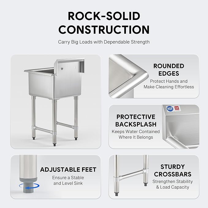 WILPREP 1-Compartment Sink, Freestanding Single Bowl Utility Sink, Work Station - Image 7