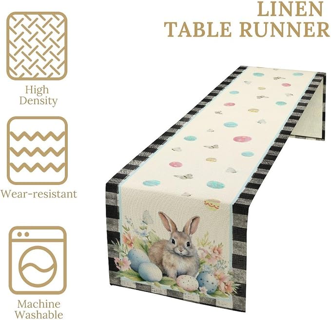 Easter Table Runner, Vinatge Black Plaid Rabbit Easter Eggs Butterflies Floral - Image 4