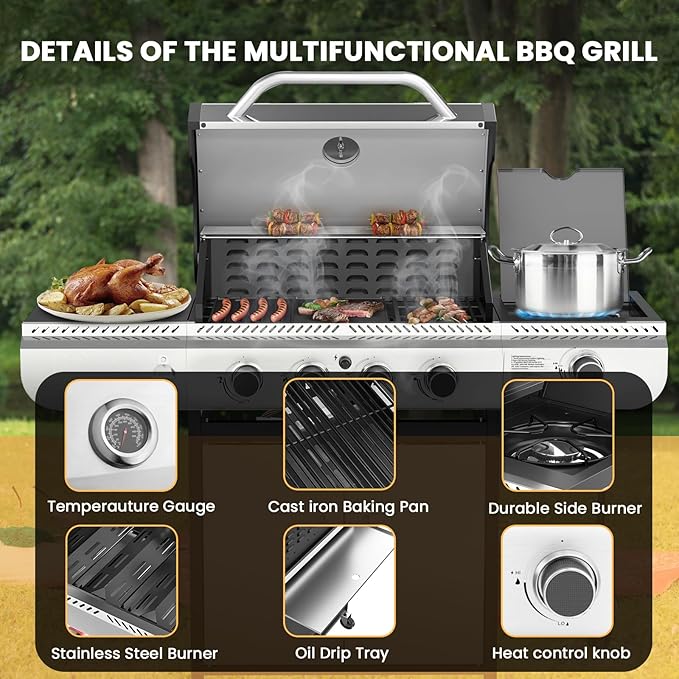 4-Burner Gas Grill with Side Burner, Stainless Steel Propane Grill with - Image 2