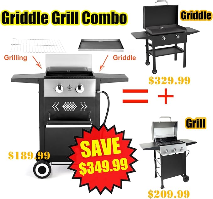 GREEN PARTY 2 Burner Griddle Grill Combo, 2 in 1 Propane Gas BBQ Grill w/Cast - Image 2