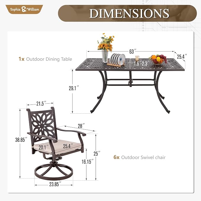 Sophia & William 7 Pieces Cast Aluminium Patio Dining Set - Image 6