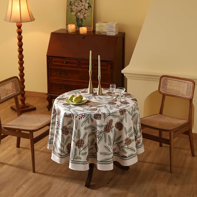 ISAENNE Designer Christmas Beige Linen Small Round Tablecloth, Pinecones - Image 8
