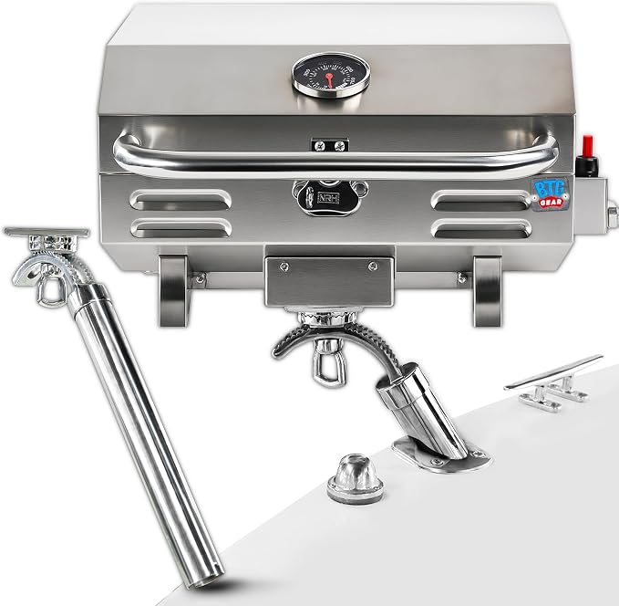 Tailwaves Marine Grill w/Rod Holder Mount | Stainless Steel | Propane BBQ by BTGGEAR