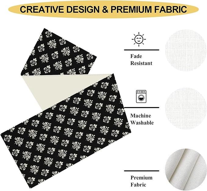 Damask Table Runner, Antique Gothic Black Floral Boho Flower Pattern Rustic - Image 5