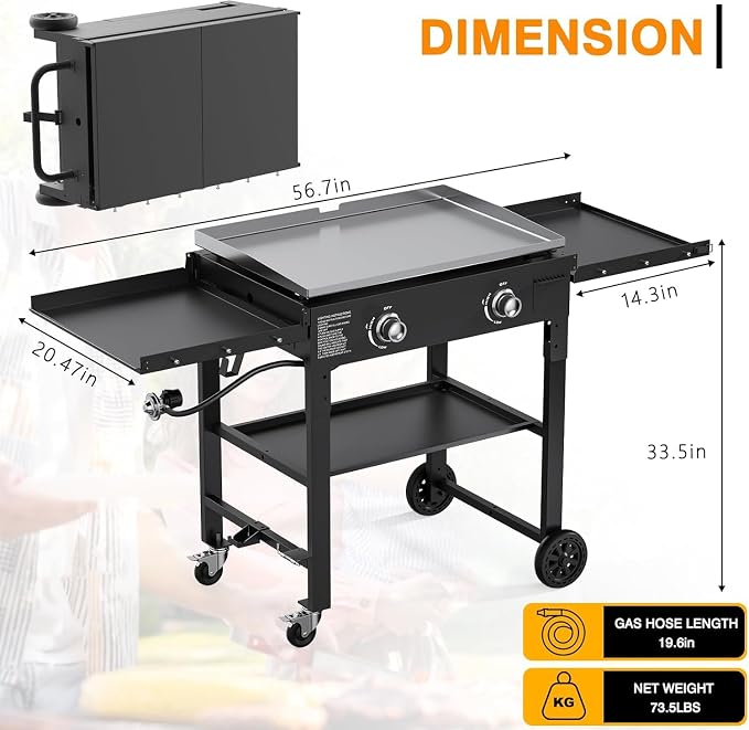 2 Burner Foldable Gas Griddle, 28 Inch Stainless Steel Portable Detachable - Image 7