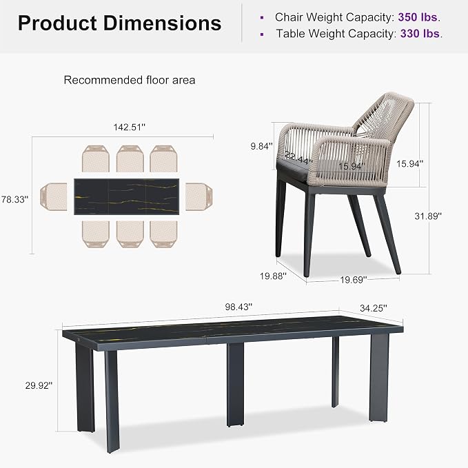 PURPLE LEAF 9 Pieces Patio Dining Set Aluminum Modern Rectangular Table and - Image 9