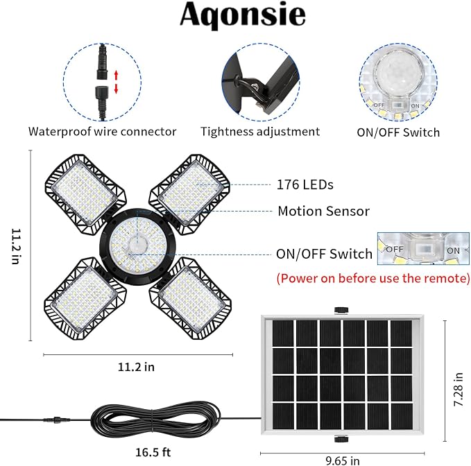 Aqonsie Solar Shed Light Outdoor Indoor, 176LED Solar Powered Motion Sensor - Image 6
