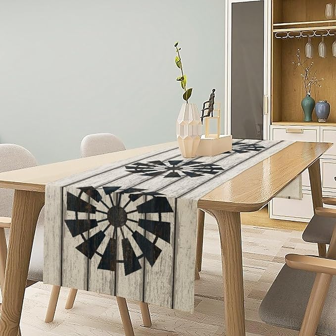 Retro Windmill Table Runner, Rustic Farmhouse Wood Grain Country Style Print - Image 2