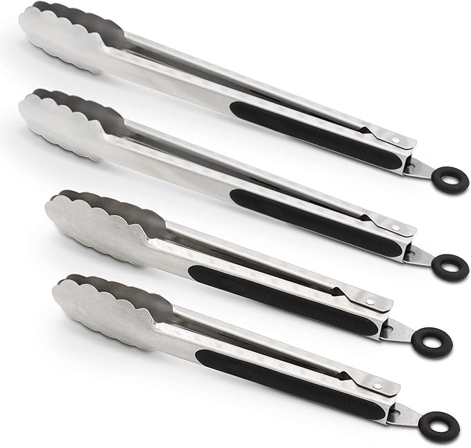 Tongs: Black 304 Stainless Steel with Locking Clip and Non-Slip Grip